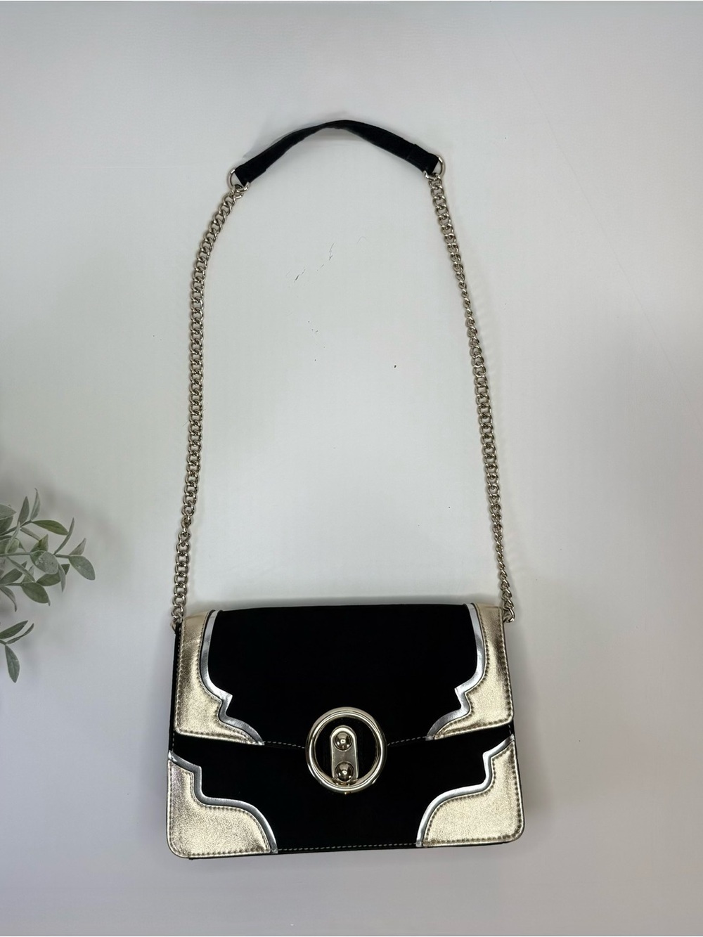 Express Women's Crossbody Mixed Media Black Velvet & Metallic Gold/Silver Bag - Picture 12 of 14